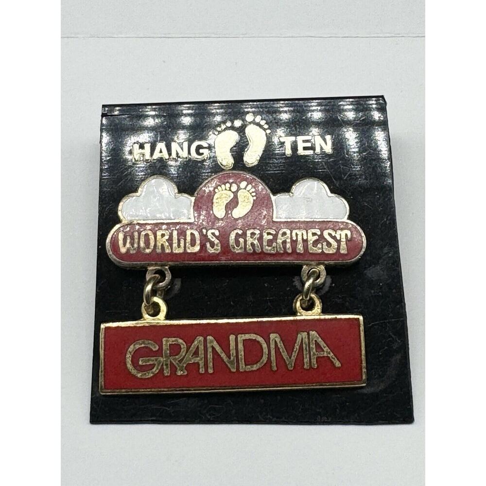 Vintage Dangle Hang Ten World's Greatest Grandma Red Enamel Lapel Pin